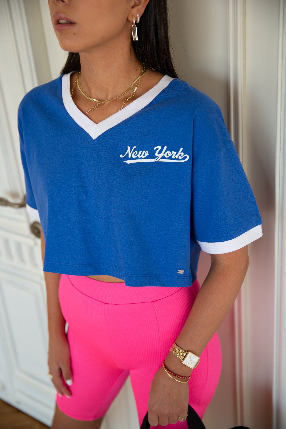 V Yaka New York Baskılı Tshirt