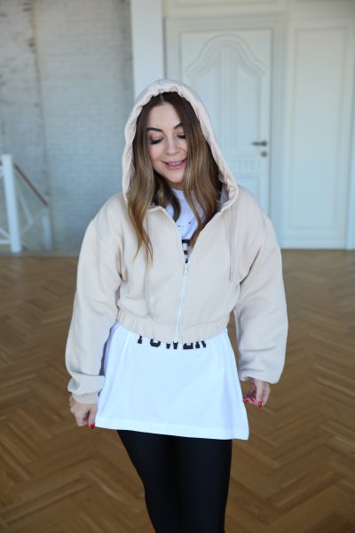 Kapüşonlu Fermuarlı Crop Sweat