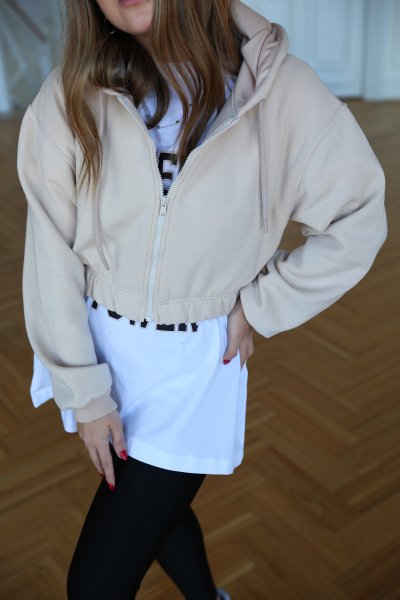 Kapüşonlu Fermuarlı Crop Sweat