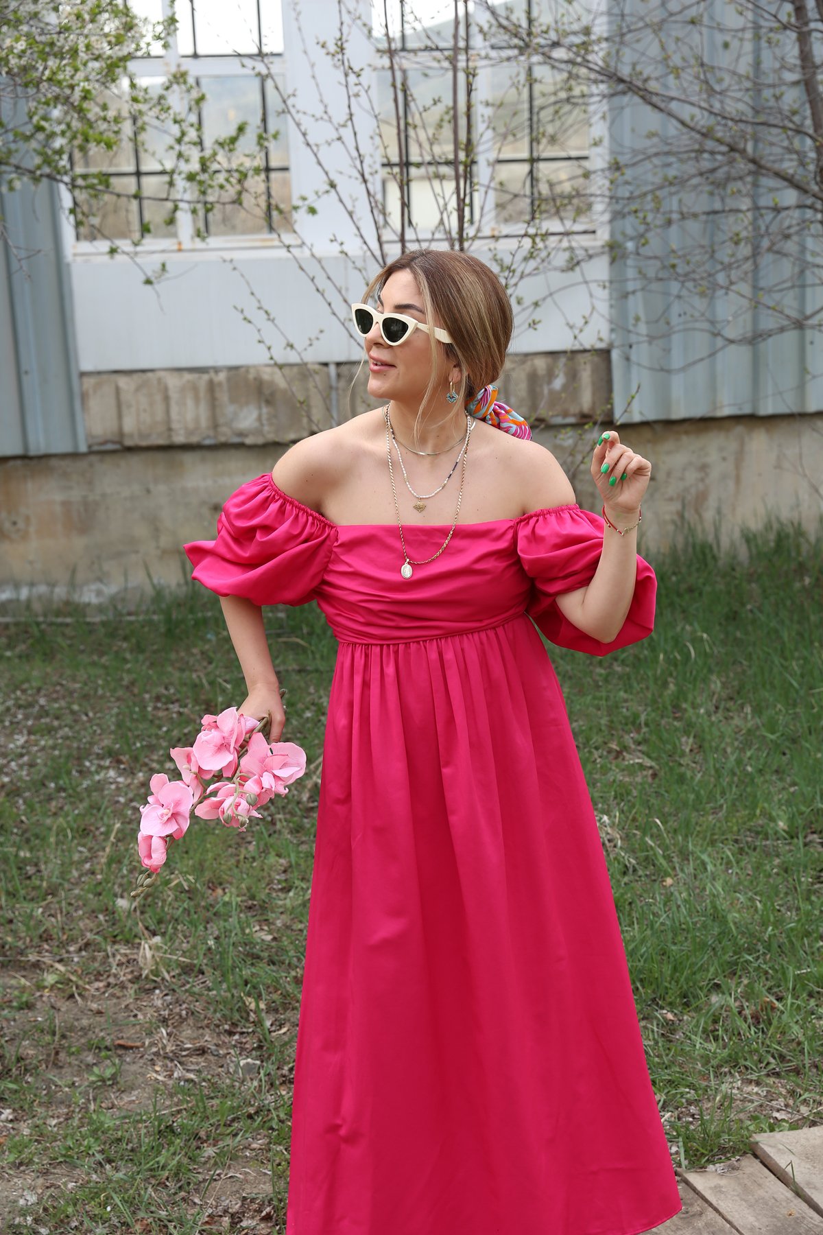 Göğsü Gipeli Balon Kol Elbise 