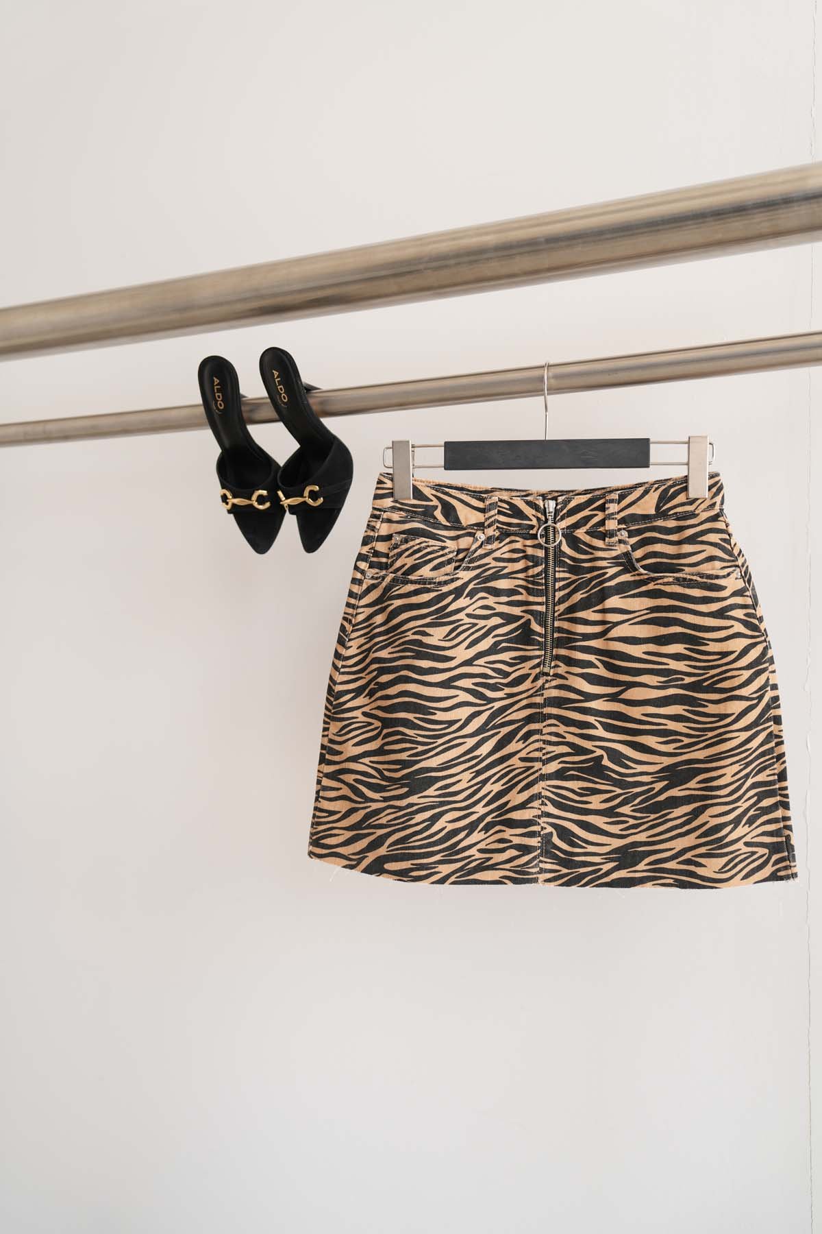 Zebra Desen Denim Etek