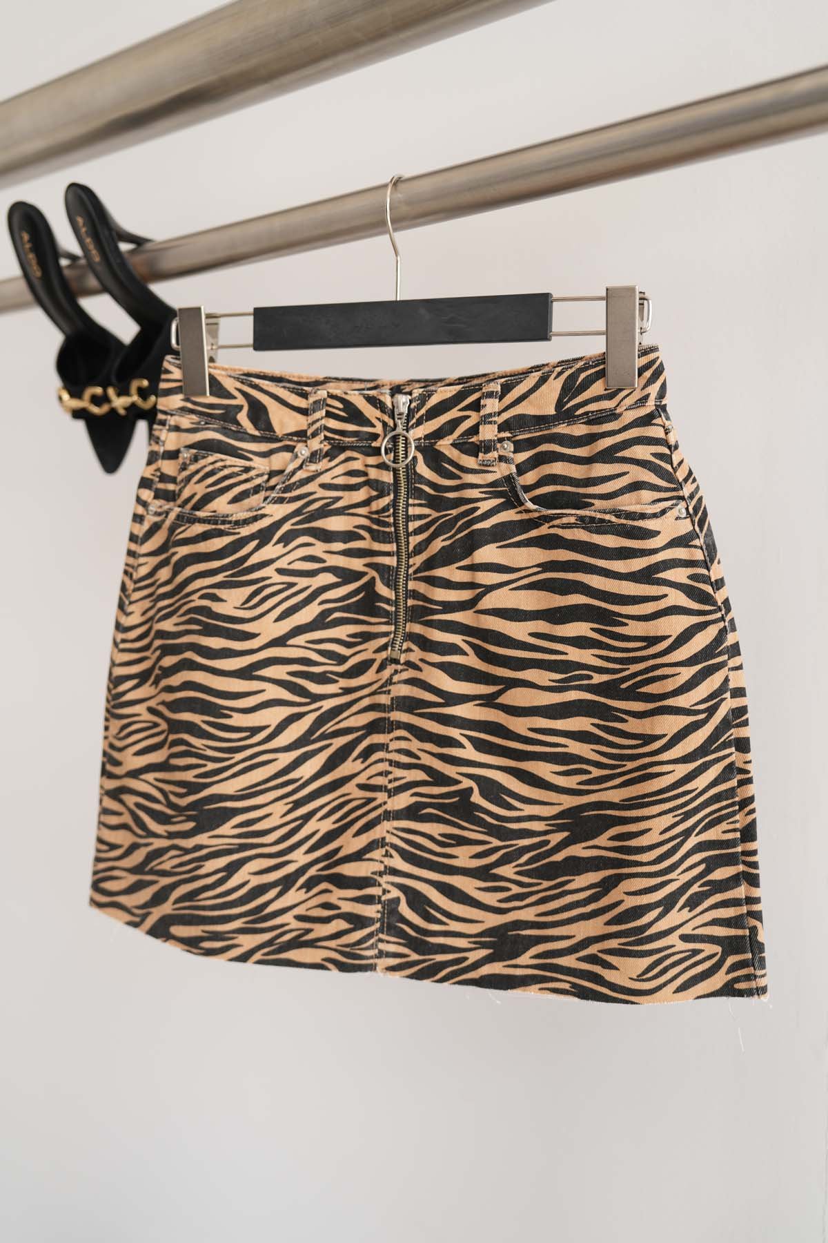 Zebra Desen Denim Etek