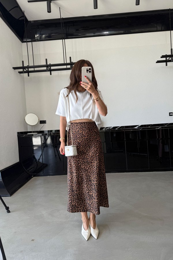 Leopar Desen Saten Etek