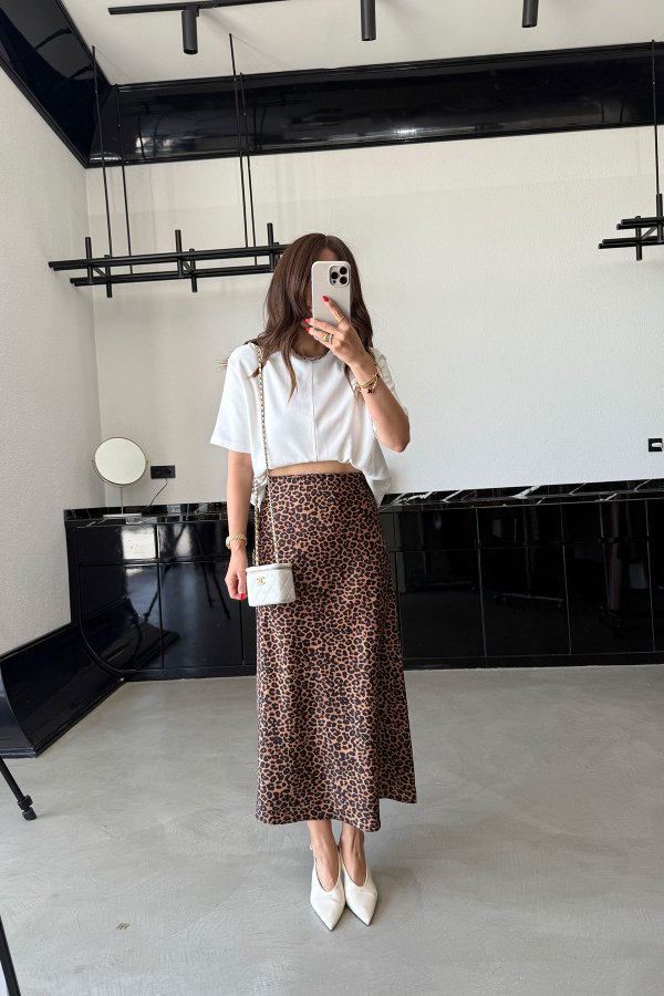 Leopar Desen Saten Etek