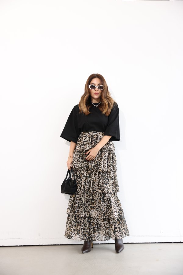 Leopar Desenli Fırfırlı Uzun Etek