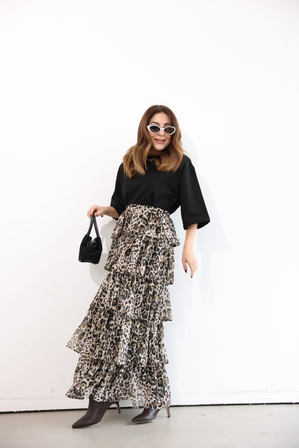 Leopar Desenli Fırfırlı Uzun Etek