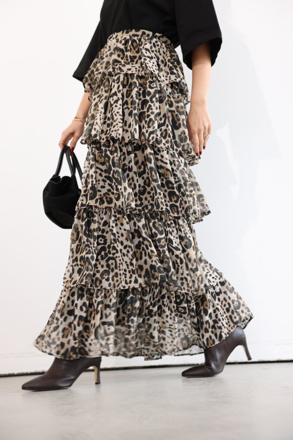 Leopar Desenli Fırfırlı Uzun Etek