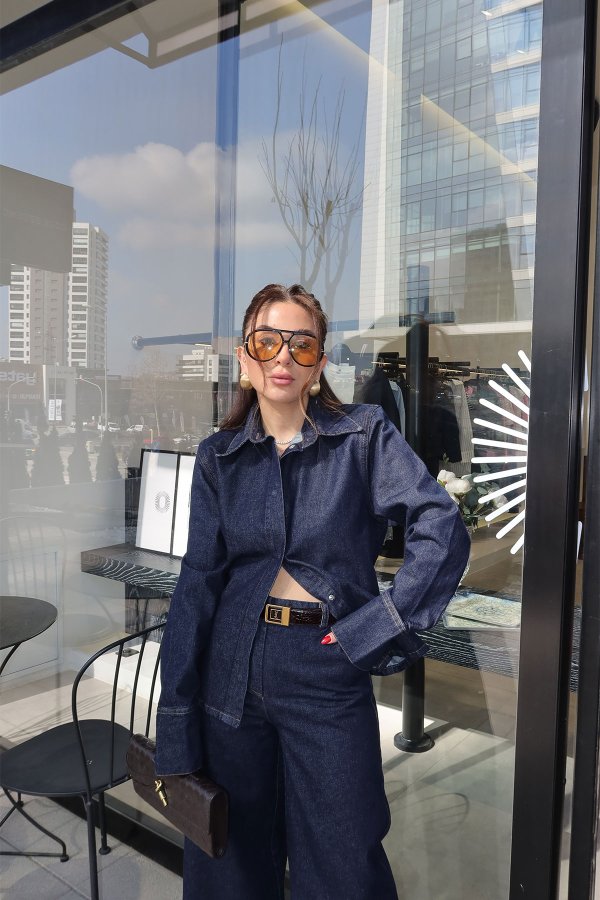Kontrast Dikişli Omuzu Vatkalı Denim Takım