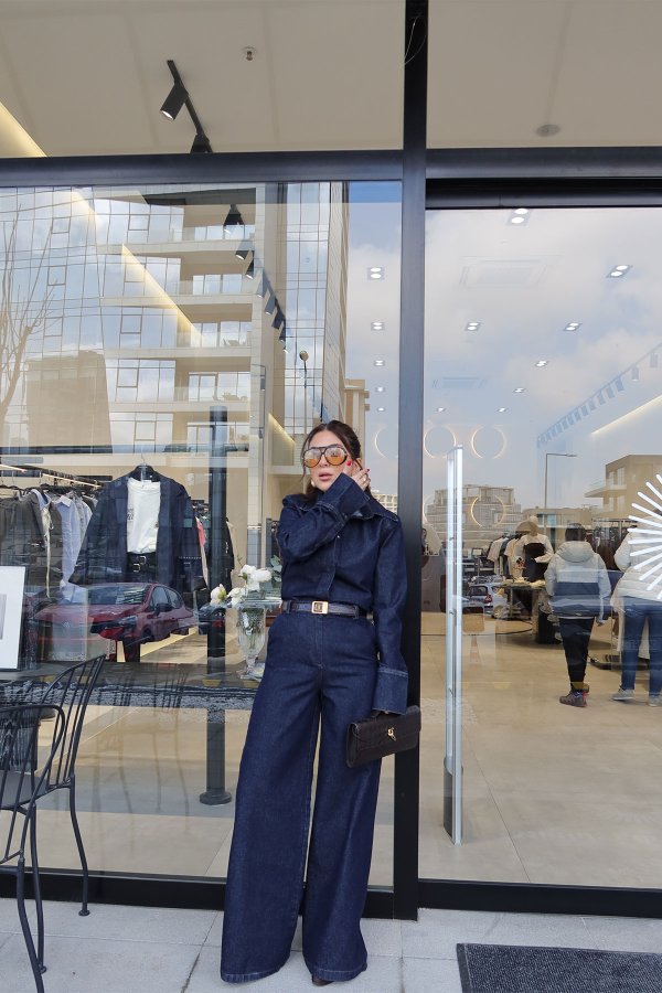 Kontrast Dikişli Omuzu Vatkalı Denim Takım