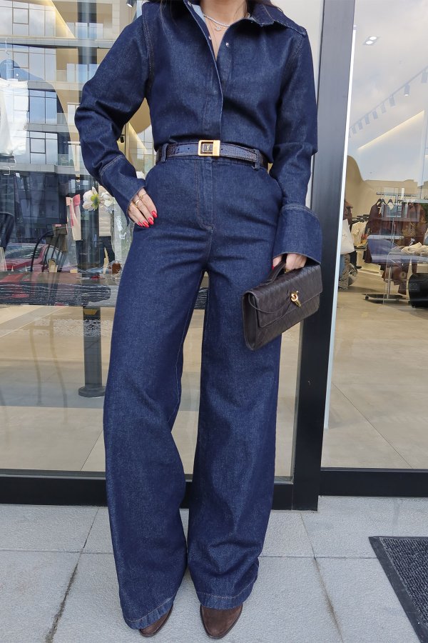 Kontrast Dikişli Omuzu Vatkalı Denim Takım