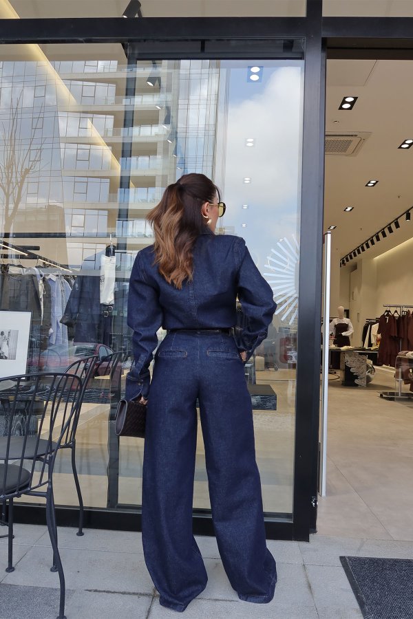 Kontrast Dikişli Omuzu Vatkalı Denim Takım
