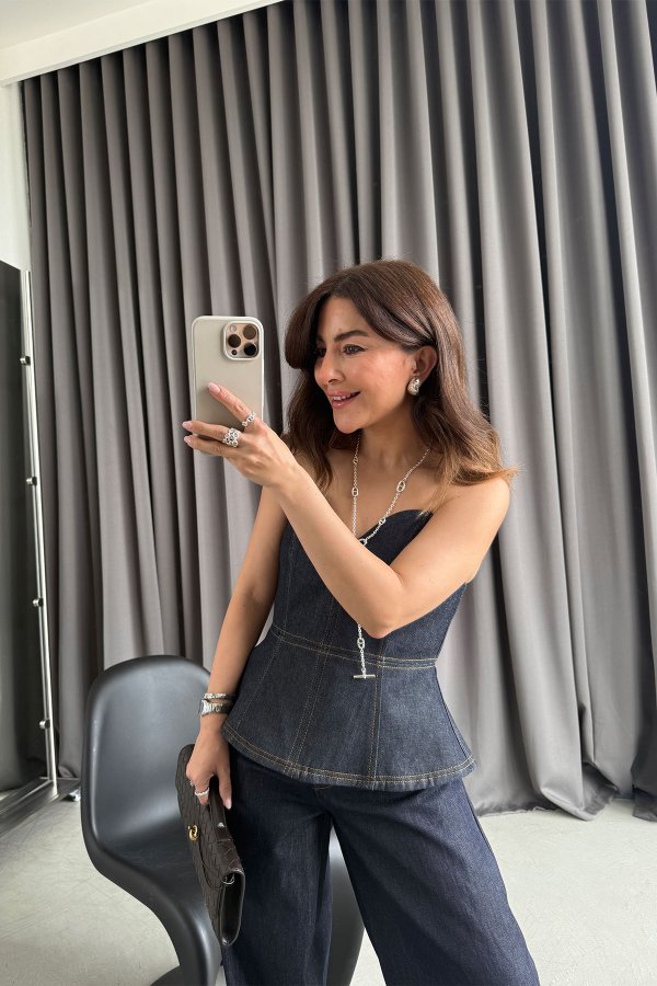 Kontrast Dikişli Straplez Denim Büstiyer