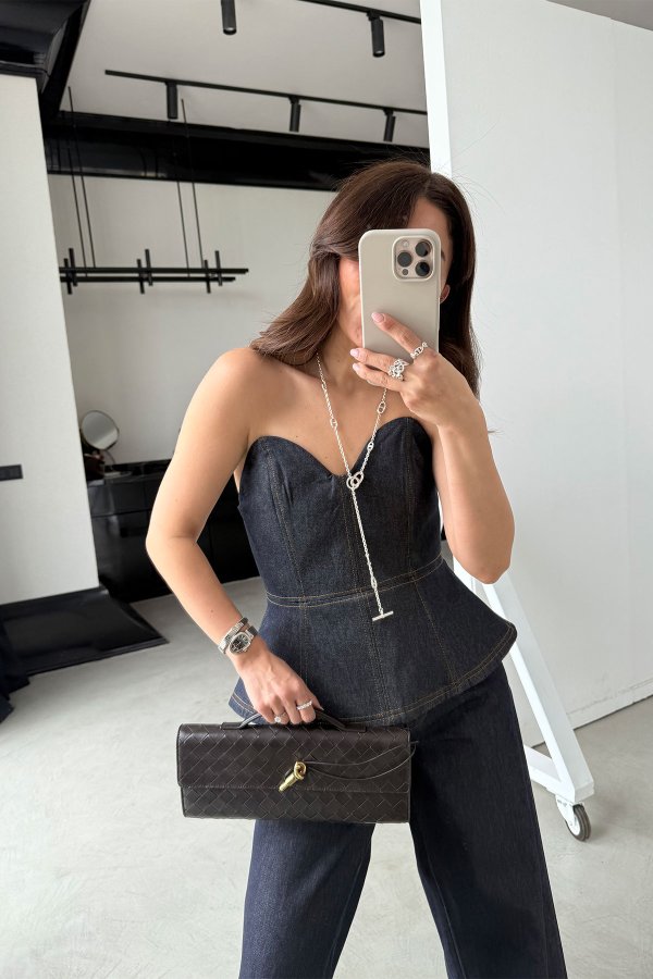 Kontrast Dikişli Straplez Denim Büstiyer