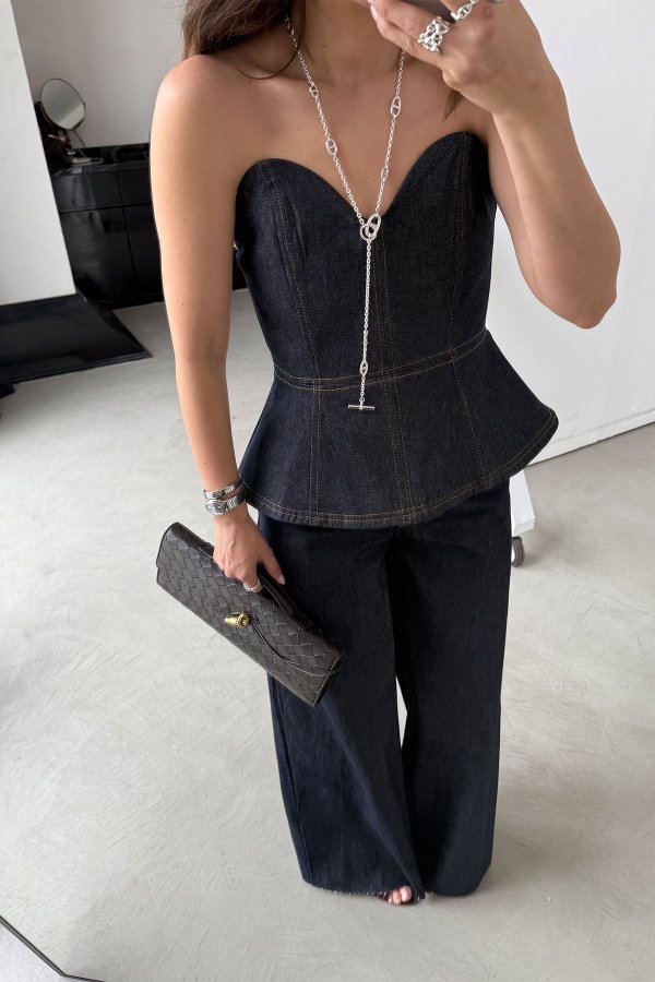 Kontrast Dikişli Straplez Denim Büstiyer