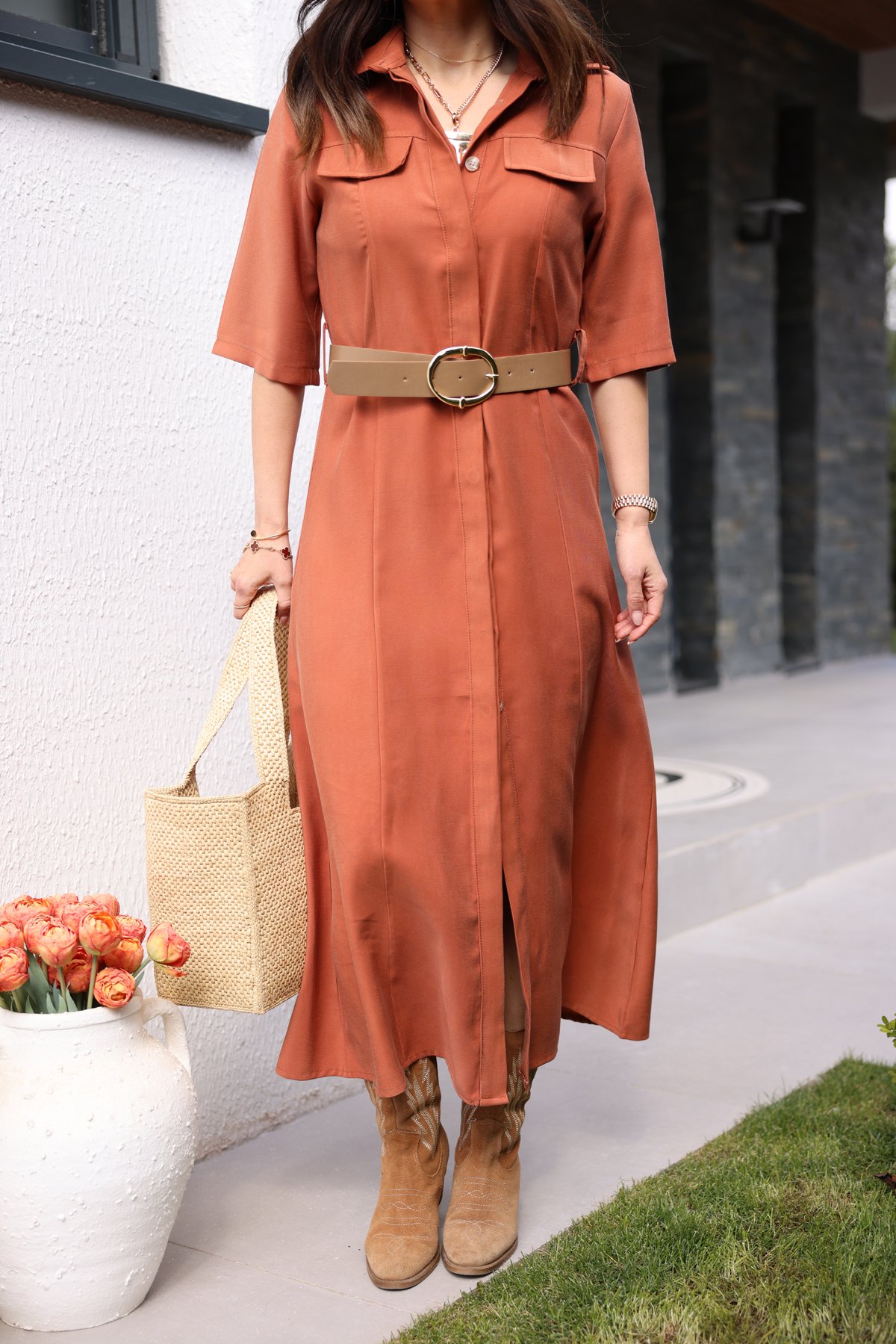 Kısa Kollu Tensel Gömlek Elbise