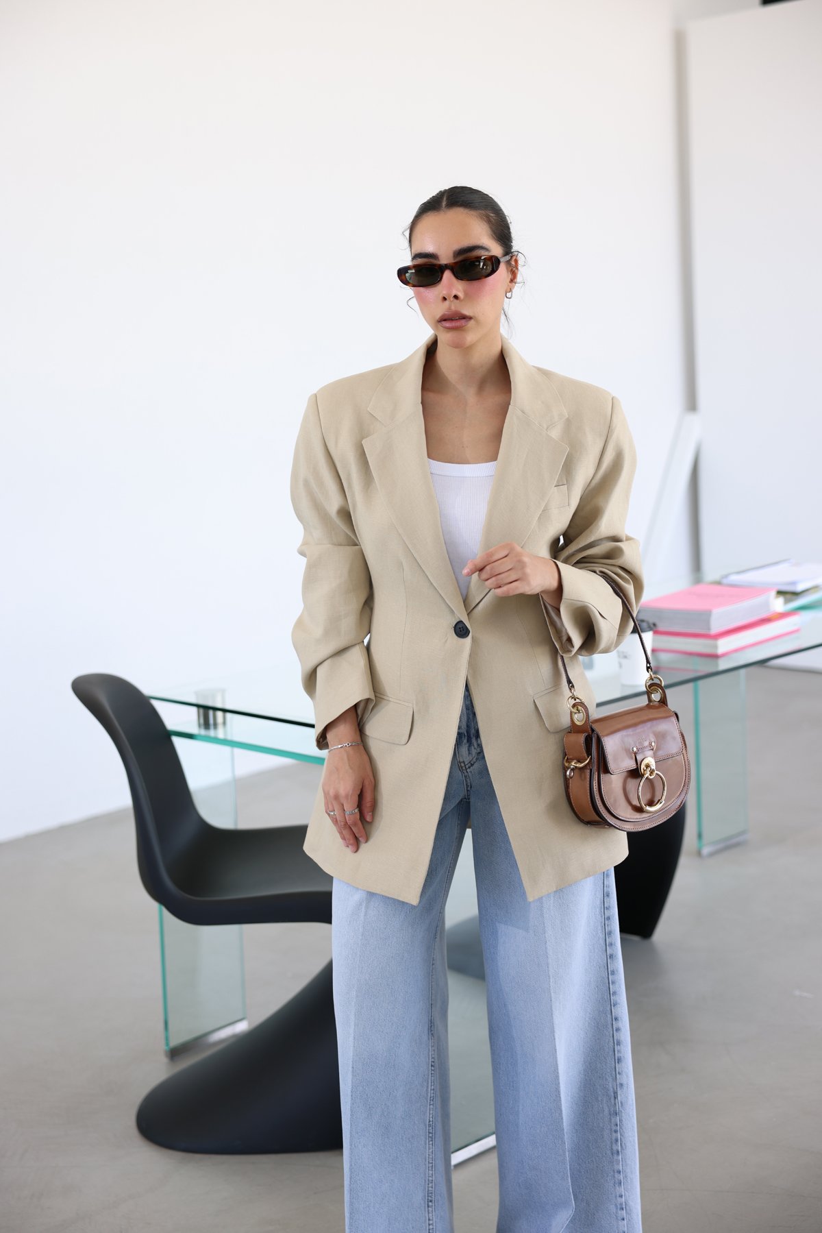 Tek Düğme Omuzu Vatkalı Keten Dokulu Ceket