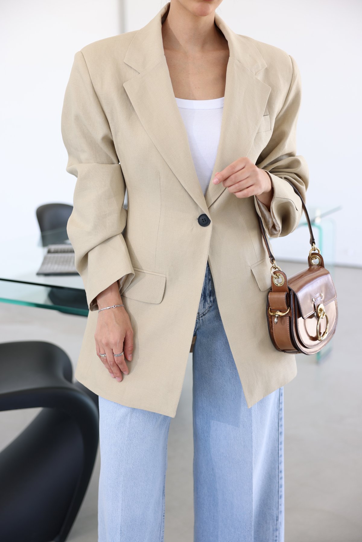 Tek Düğme Omuzu Vatkalı Keten Dokulu Ceket