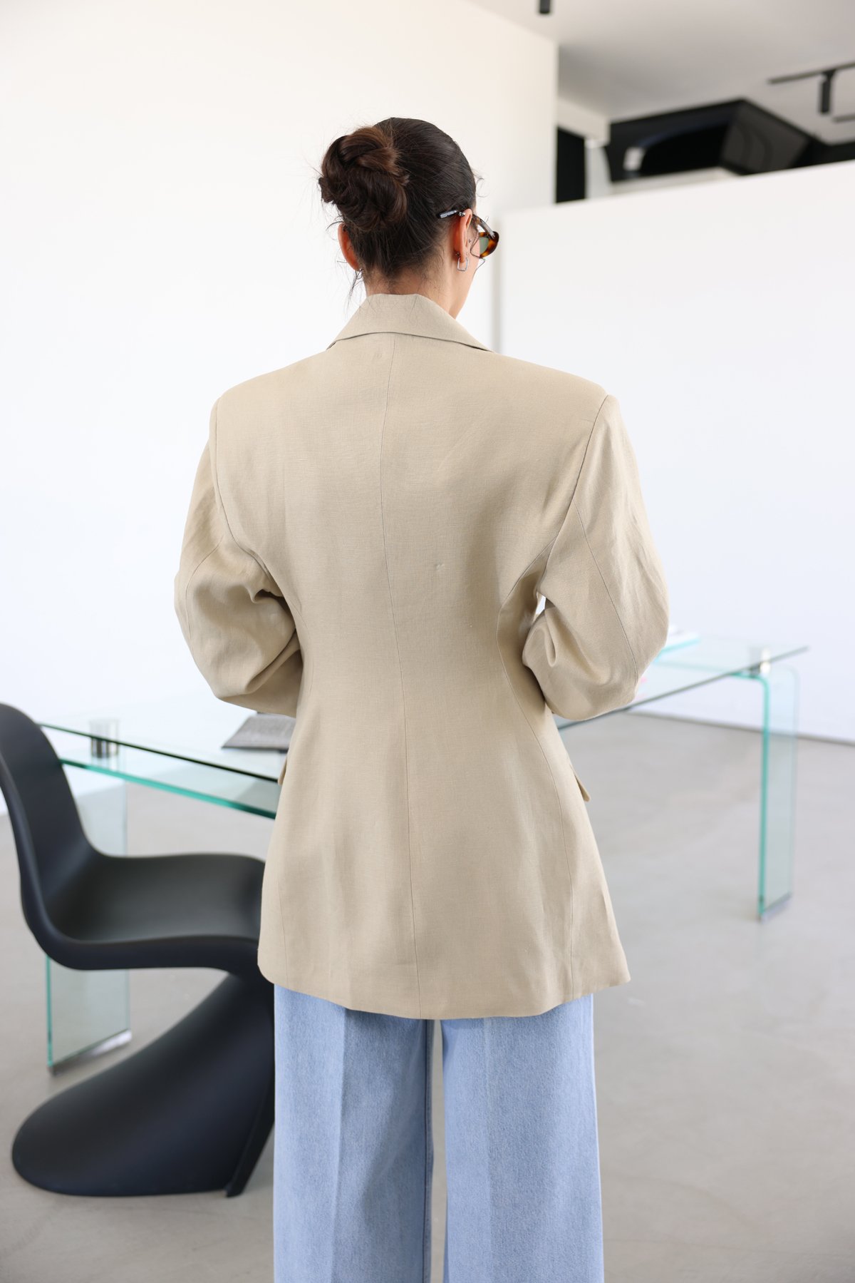 Tek Düğme Omuzu Vatkalı Keten Dokulu Ceket