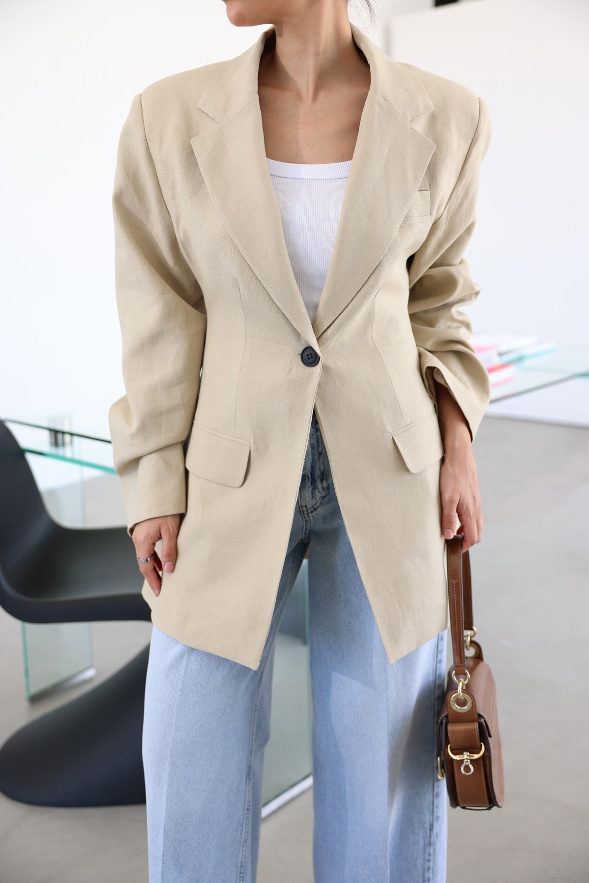 Tek Düğme Omuzu Vatkalı Keten Dokulu Ceket