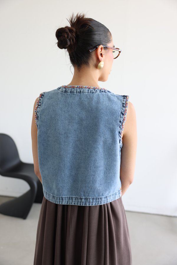 Etnik Desen İşlemeli Denim Yelek