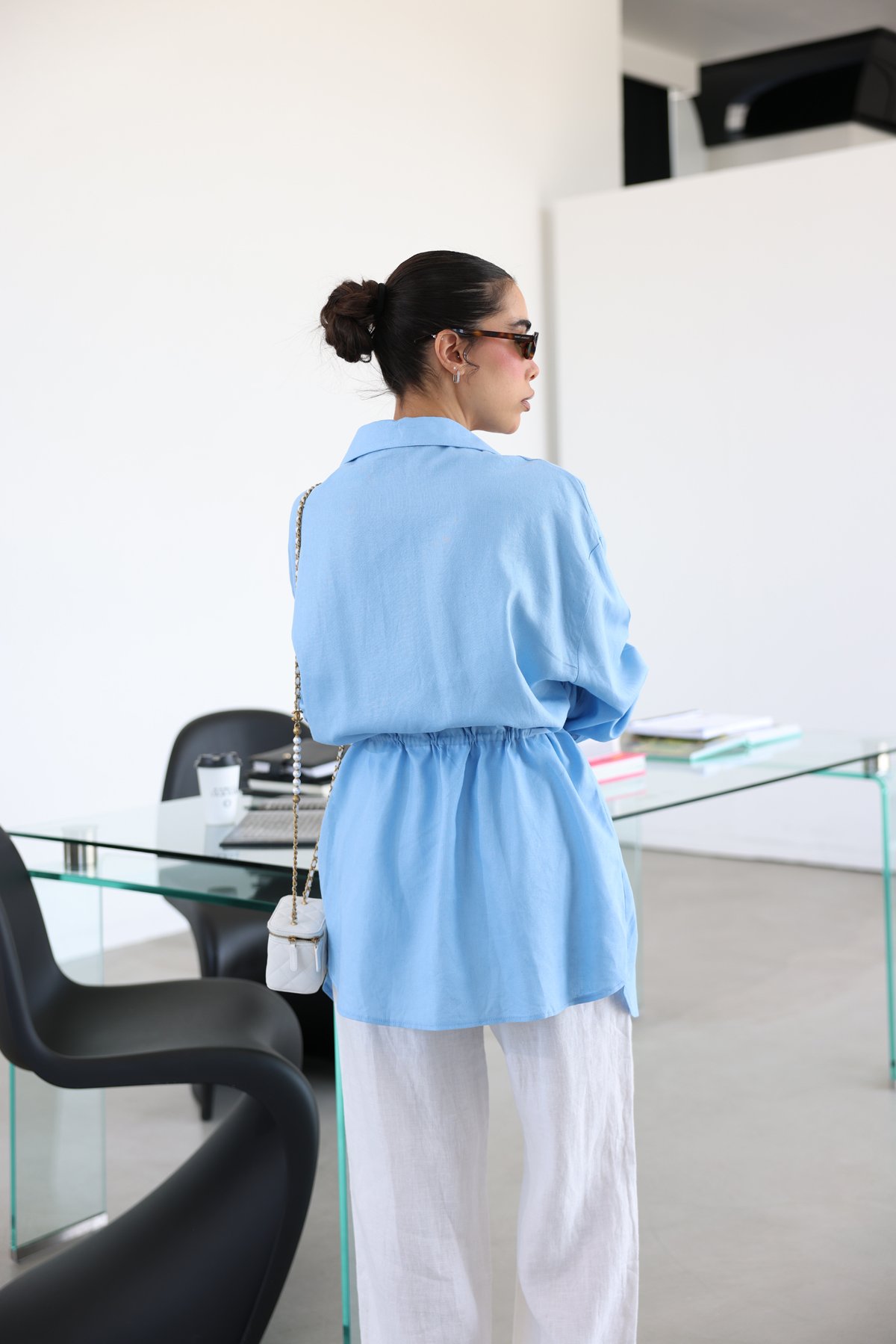 Keten Dokulu Oversize Gömlek