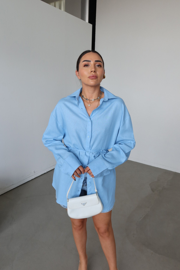 Keten Dokulu Oversize Gömlek