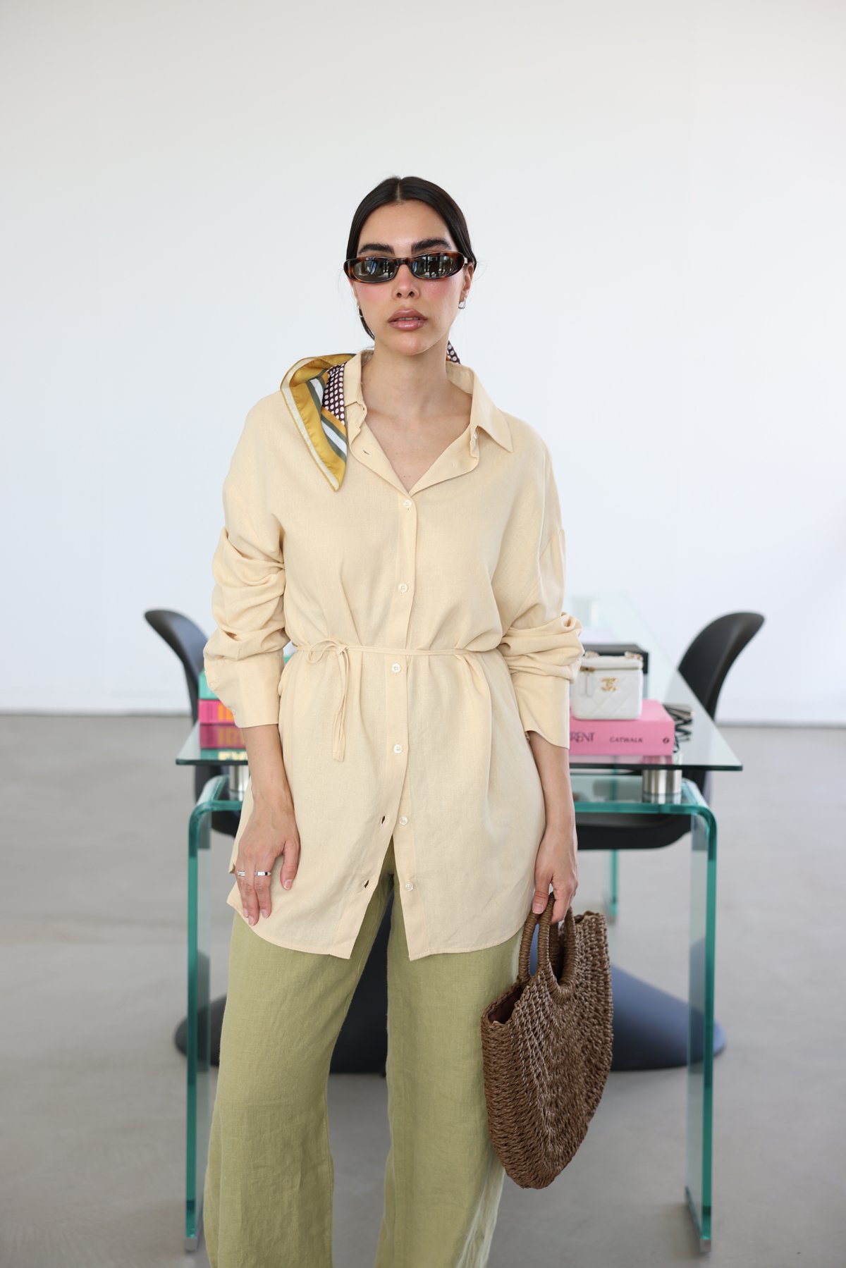 Keten Dokulu Oversize Gömlek