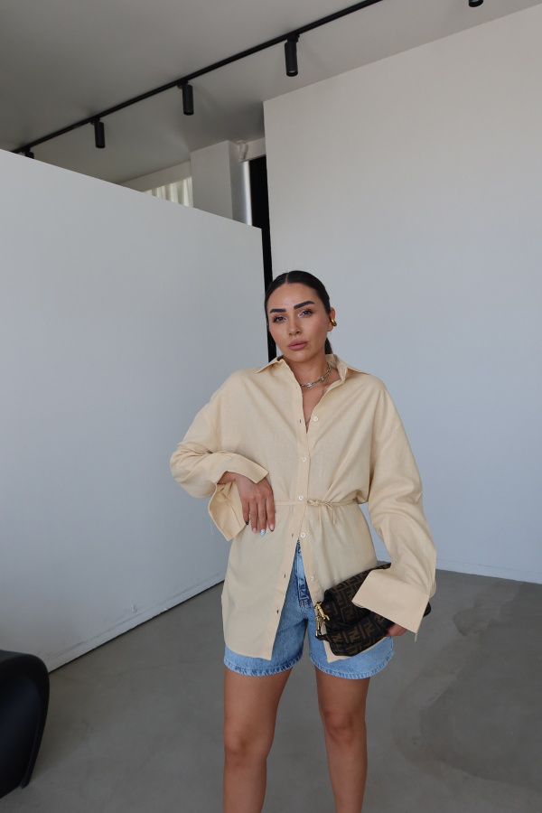 Keten Dokulu Oversize Gömlek