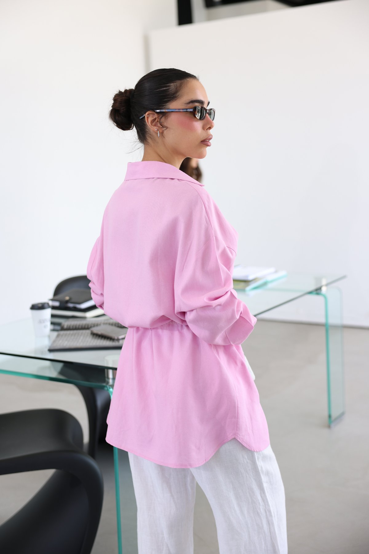 Keten Dokulu Oversize Gömlek