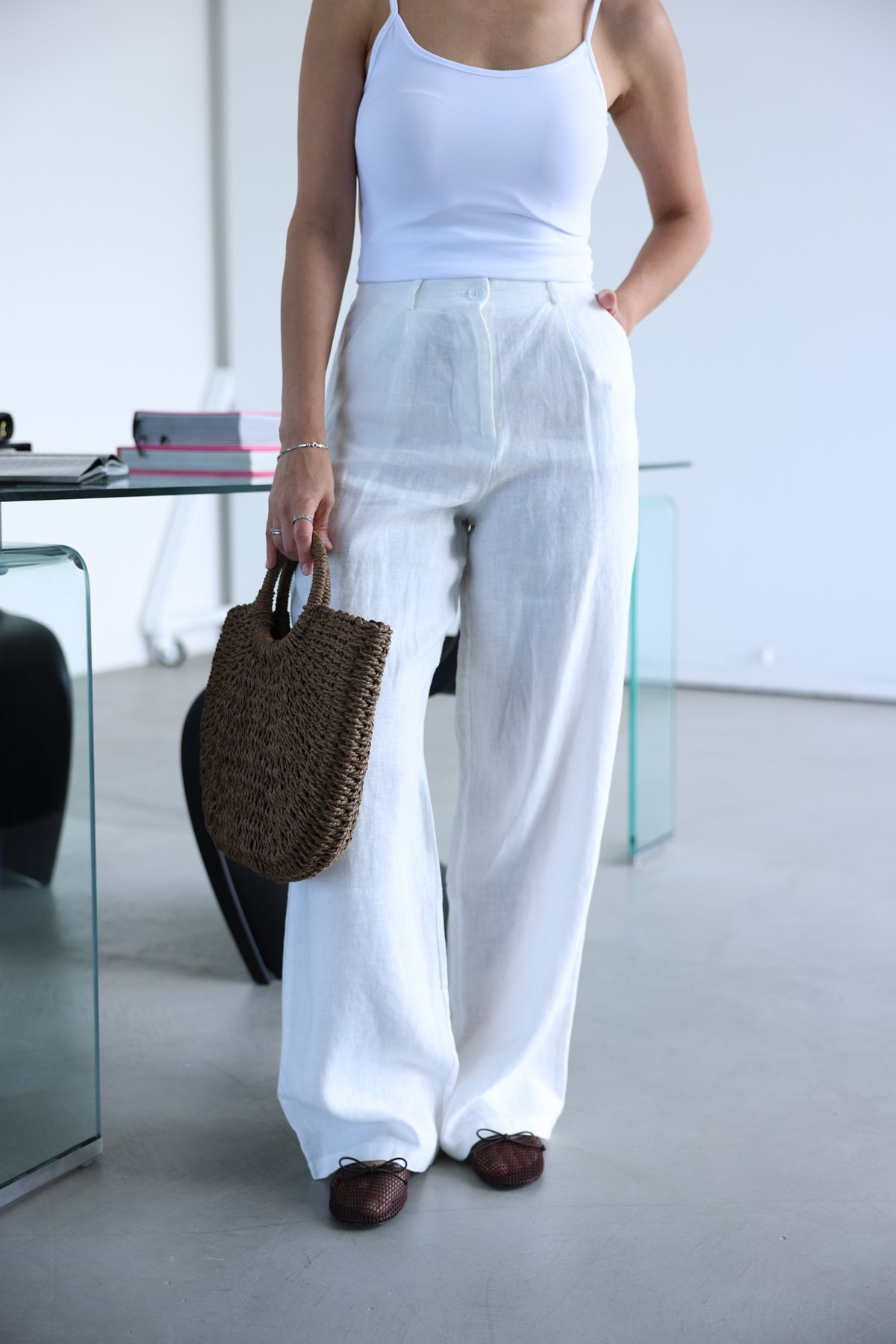 %100 Keten Pileli Pantolon