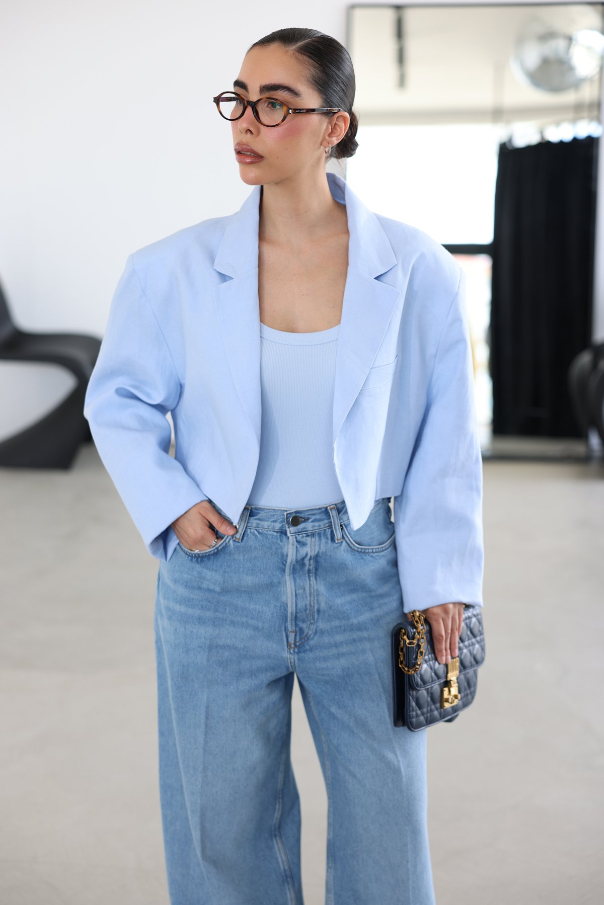 %100 Keten Geniş Yaka Crop Ceket