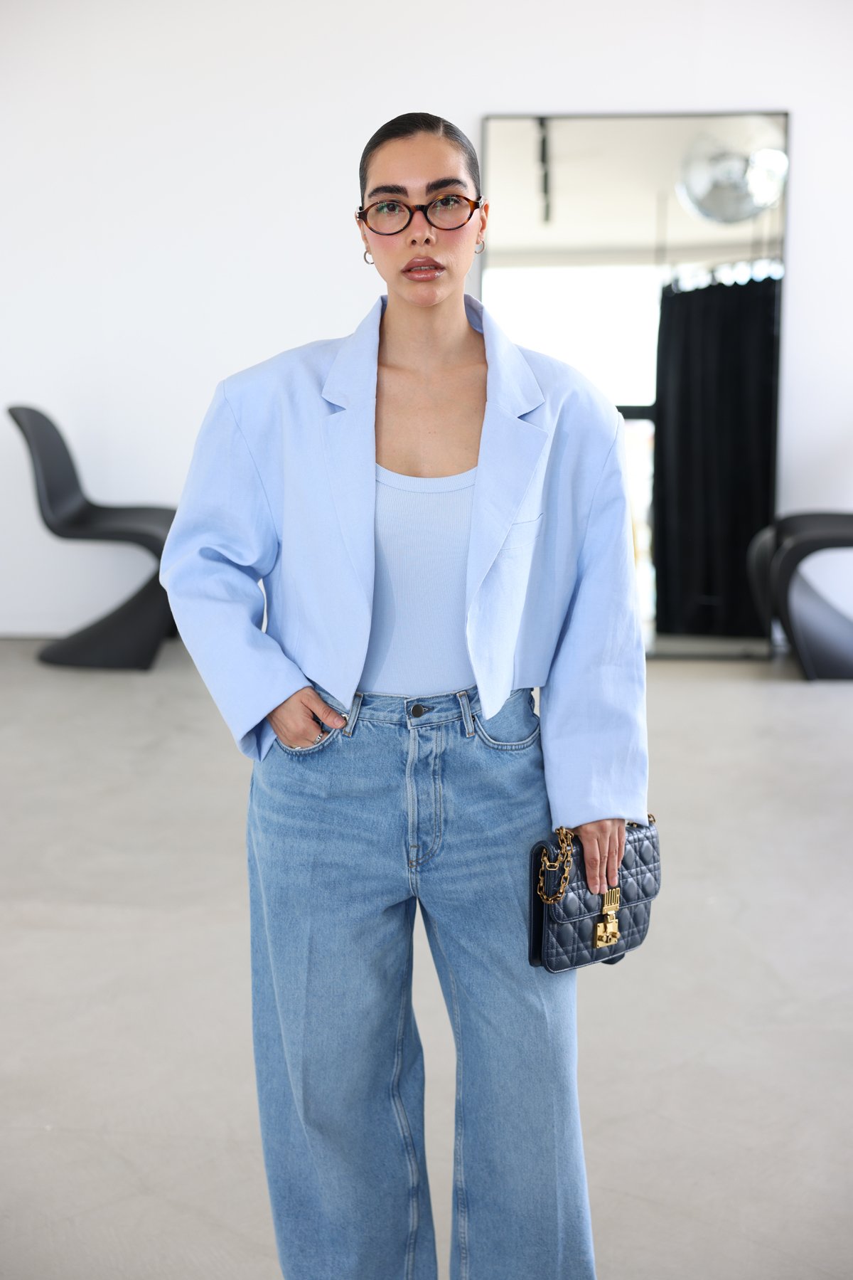 %100 Keten Geniş Yaka Crop Ceket