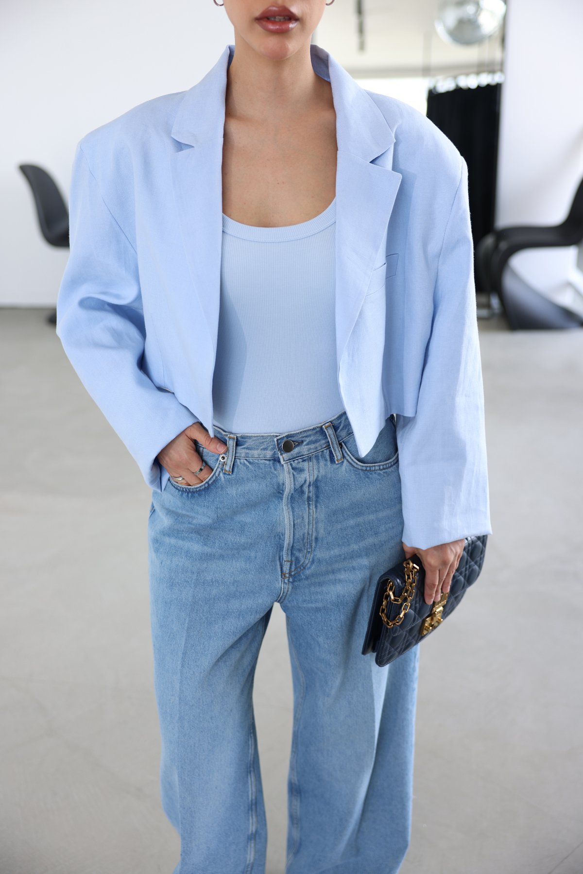 %100 Keten Geniş Yaka Crop Ceket