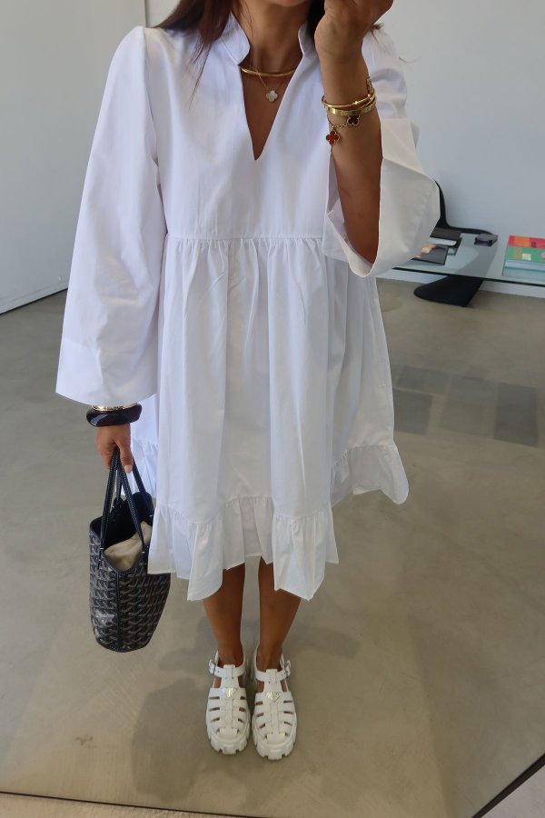 Eteği Volanlı V Yaka Poplin Elbise