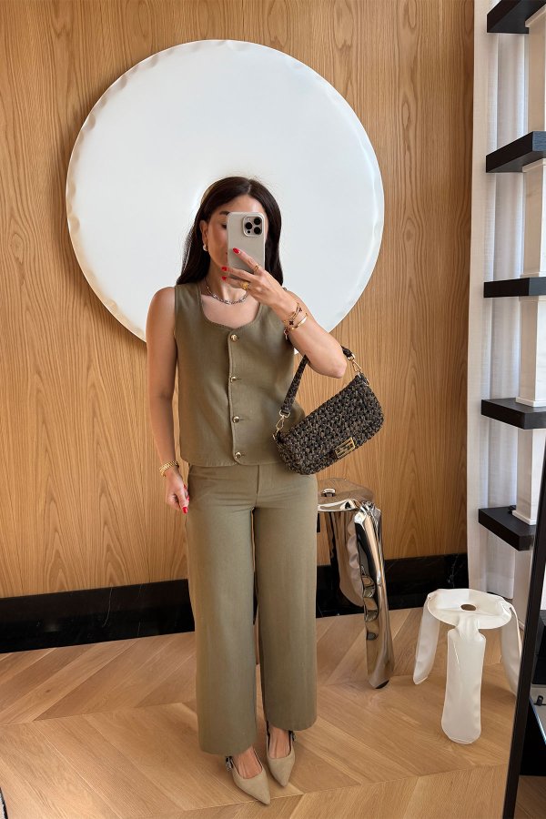 Gold Düğmeli Yelek Pantolon Takım