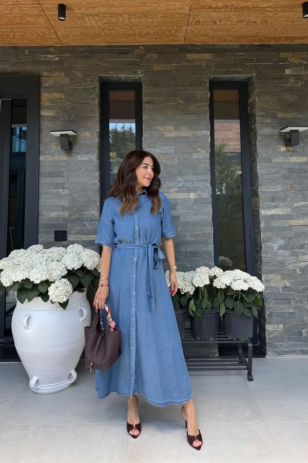 Gömlek Yaka Kısa Kollu Uzun Denim Elbise