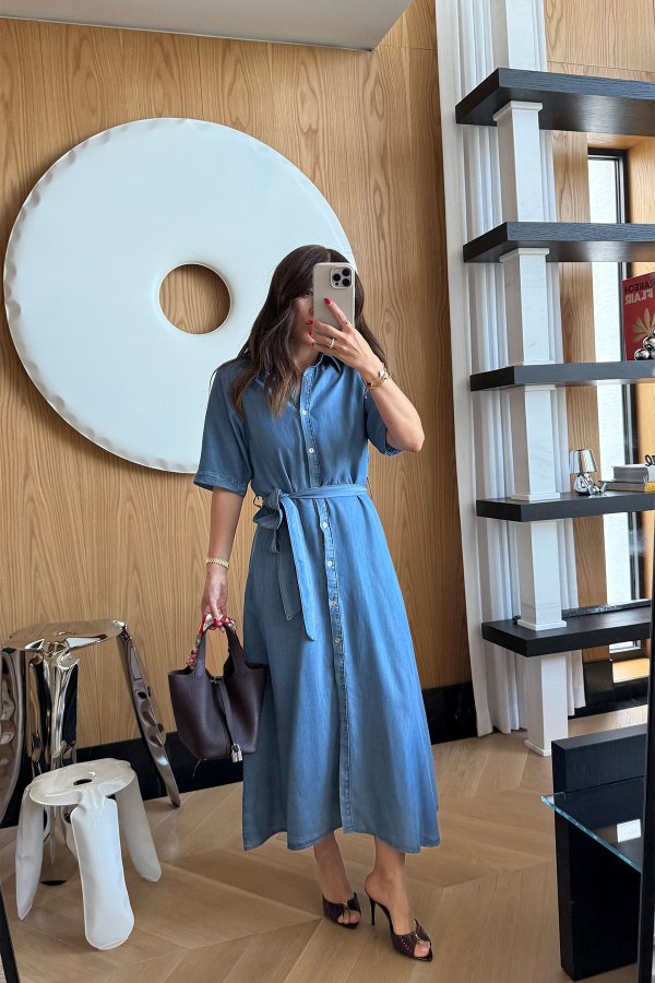 Gömlek Yaka Kısa Kollu Uzun Denim Elbise