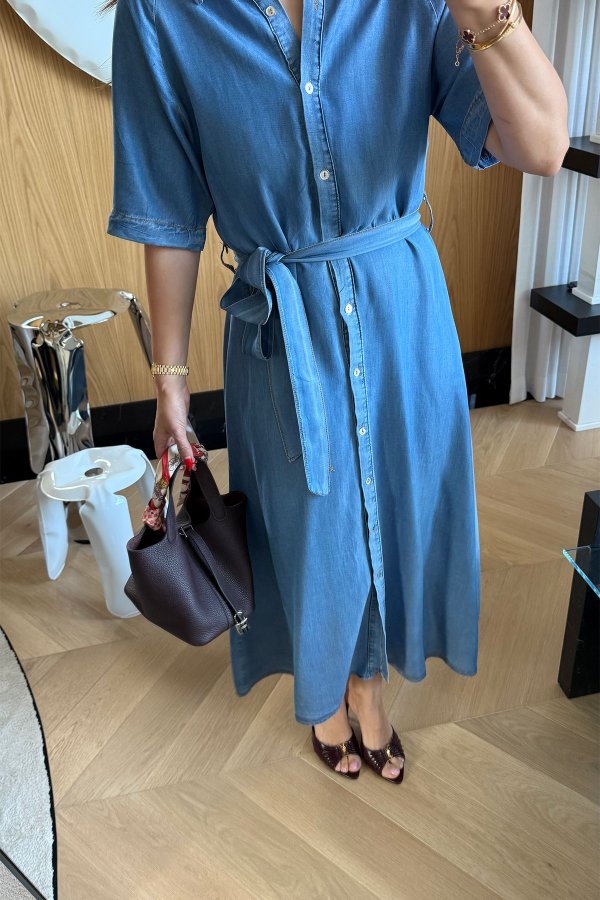 Gömlek Yaka Kısa Kollu Uzun Denim Elbise