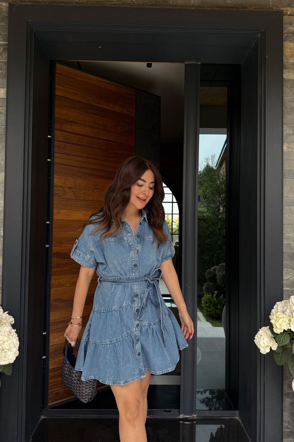 Gömlek Yaka Boydan Düğmelİ Denim Elbise