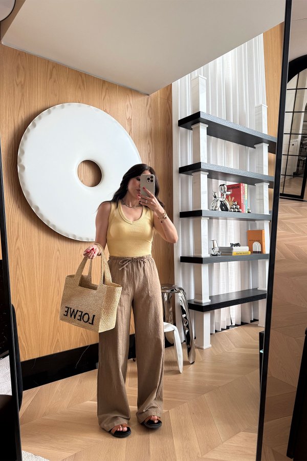 Beli Bağcıklı Çift Cepli Keten Pantolon