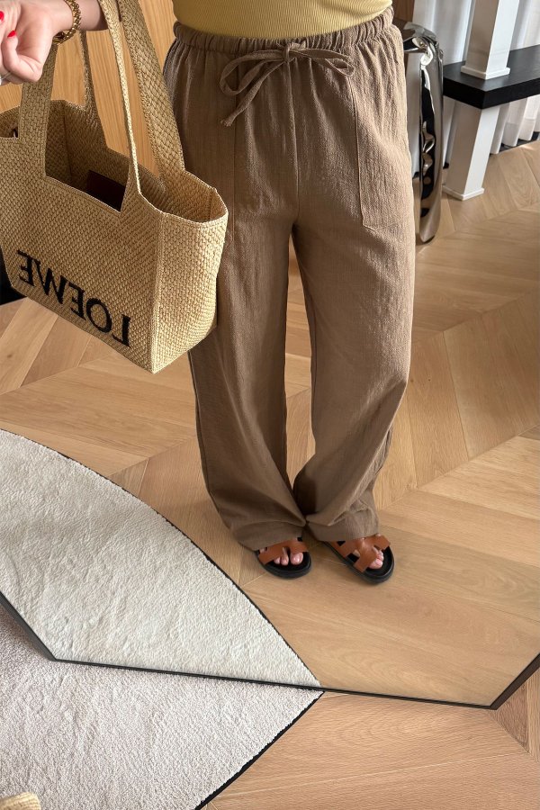 Beli Bağcıklı Çift Cepli Keten Pantolon