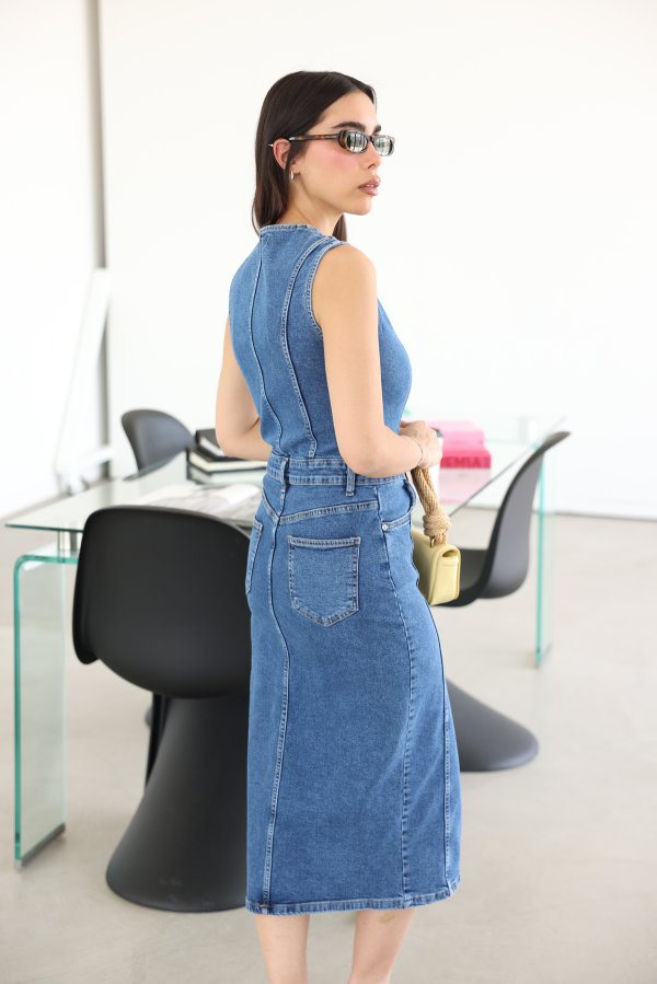 V Yaka Likralı Denim Elbise