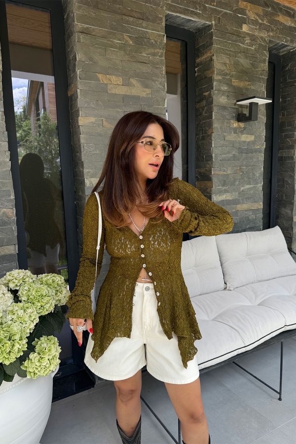 Düğmeli Peplum Dantel Hırka