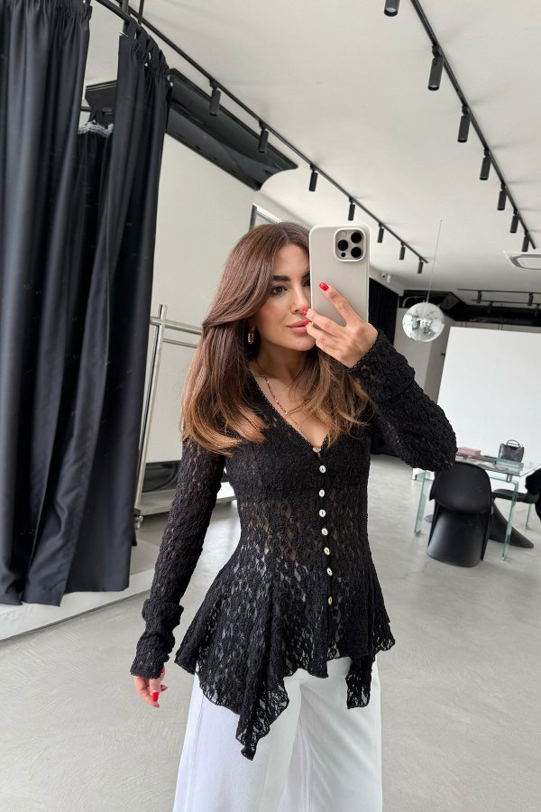 Düğmeli Peplum Dantel Hırka
