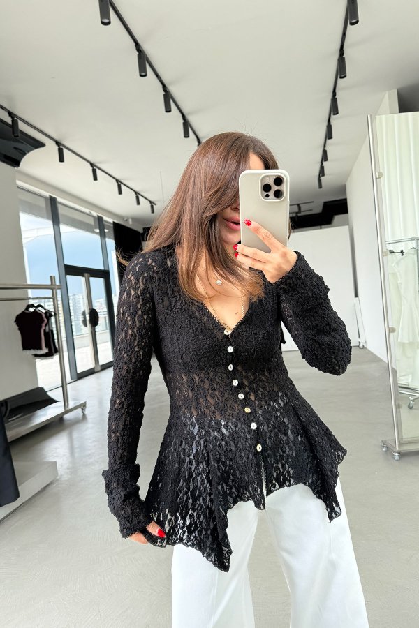 Düğmeli Peplum Dantel Hırka