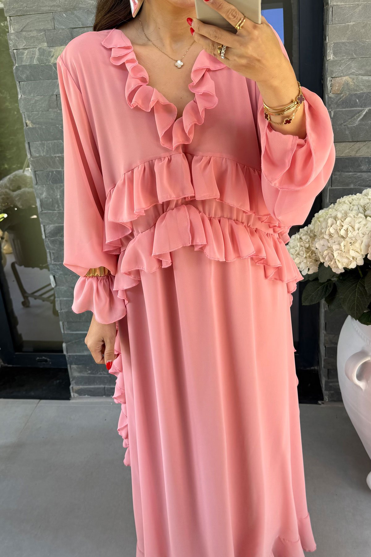 Fırfırlı Şifon Maxi Elbise