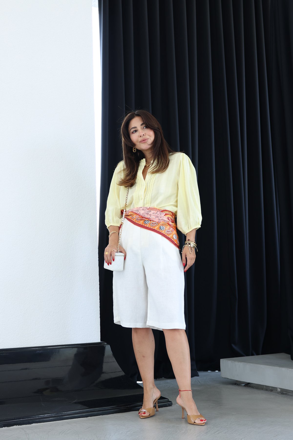 Pileli Yüksek Bel Keten Şort