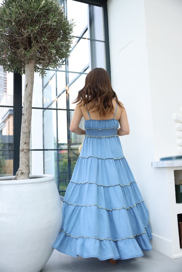 Boncuk İşlemeli İp Askılı Denim Elbise