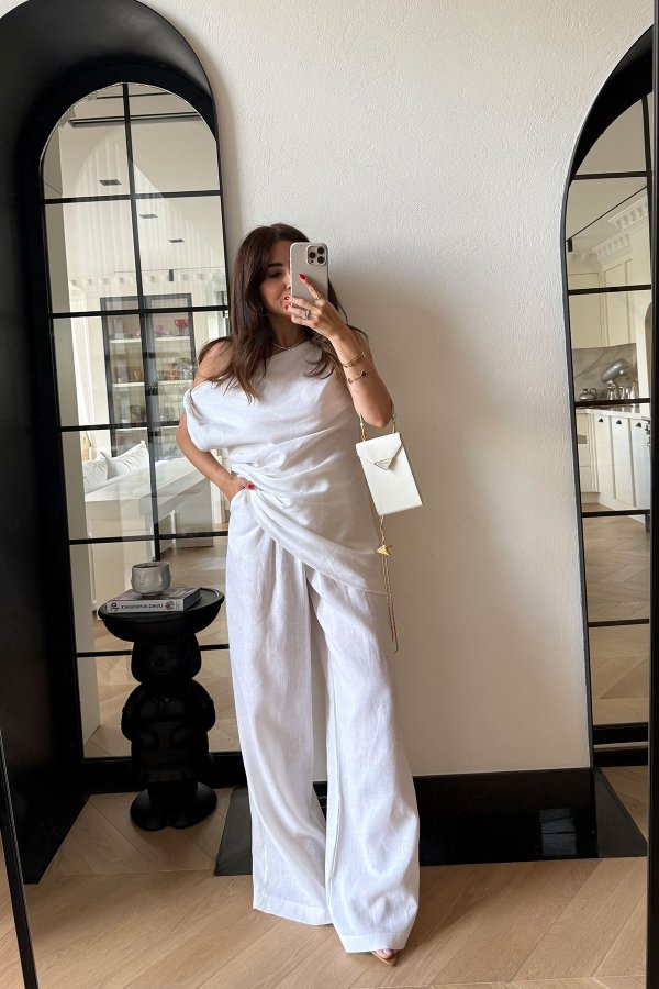 %100 Keten Kolsuz Bluz Pantolon Takım