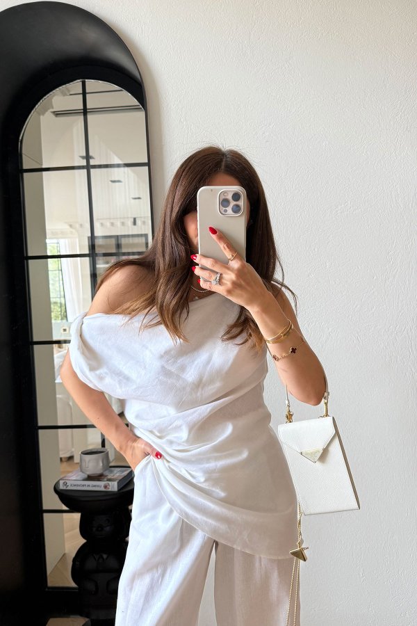 %100 Keten Kolsuz Bluz Pantolon Takım